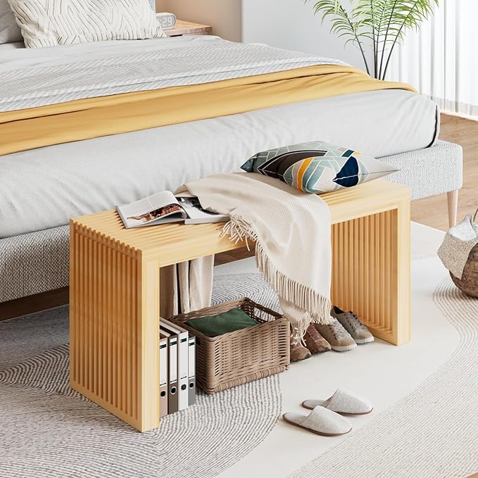 Bamboo Dining Bench Indoor Long Entryway Shoe Rack Benchs,Outdoor Modern Wood Benches 35 Inch Bamboo Bench for Living Room Hallway Bedroom Bathroom