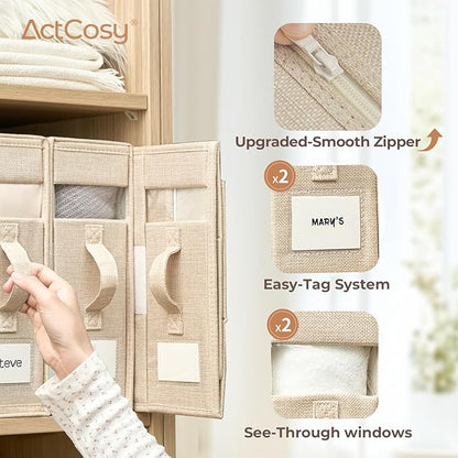 6 Pack Sheet Organizers and Storage with Handles – Foldable Linen Closet Storage for King & Queen Sheet Sets – Clear Window & Removable Labels – Dustproof & Space-Saving Design, Beige