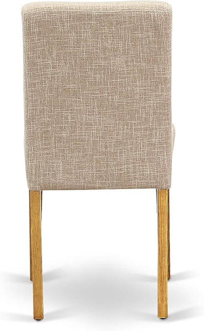 East West Furniture DMAB3-OAK-04 3 Piece Kitchen Table Set Contains a Round Dining Room Table with Dropleaf and 2 Light Tan Linen Fabric Parsons Dining Chairs, 42x42 Inch, Oak