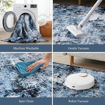 Rugflix Round Area Rugs 6Ft for Living Room, 6x6 Washable Rug Stain-Resistant Low Pile, Modern Dark Carpet for Dining Room Home Office Kid Room Nursery Bedroom, Navy Blue/Black