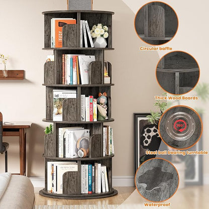 Rotating Bookshelf Tower, 5 Tier Spinning Bookcase, Revolving 360 Book Shelf Narrow Tall Bookcase, Vertical Turning Round Bookshelf Organizer, Wood Corner Book shelf for Small Space, Black Oak