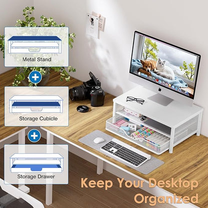 OPNICE Computer Monitor Stand Riser, Desk Organizer with Drawer, Laptop Stand, Office Desk Accessories & Workspace Desktop Organizers Storage for Office Supplies(White)