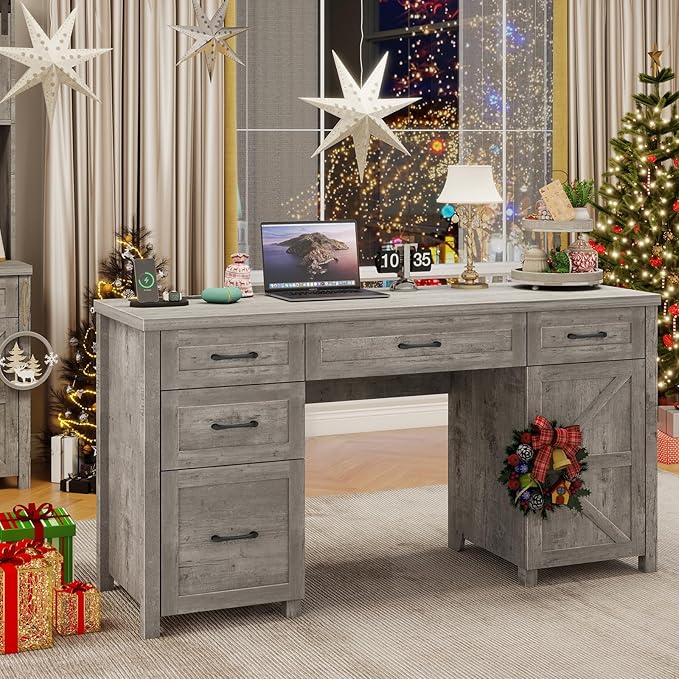 Farmhouse 61'' Executive Desk with 5 Drawers, Rustic Office Desk Computer Desk with Charging Station, File Drawers and Storage Cabinet, Wood Workstation for Study and Home Office,(Grey)