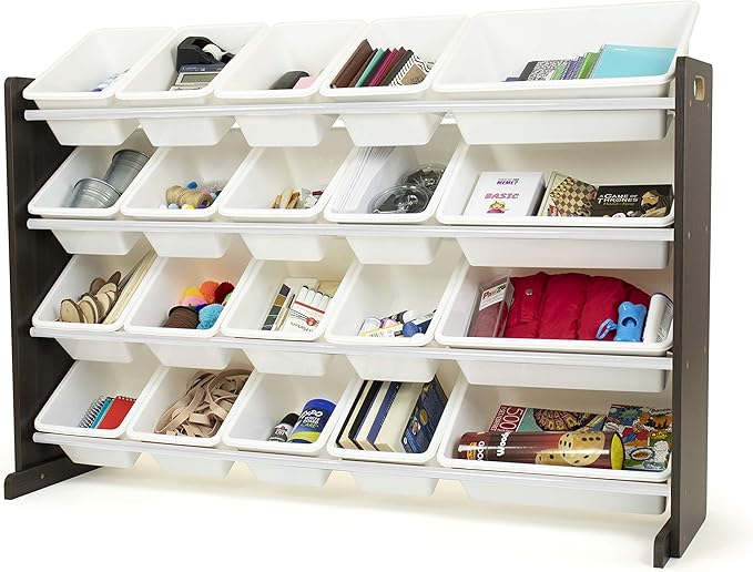Humble Crew Extra-Large Toy Organizer with 20 Plastic Bins – White/Espresso Storage Rack with 4-Tier Shelves, Anti-Tip Safety, for Kids’ Rooms, Playrooms, Nurseries & Classrooms