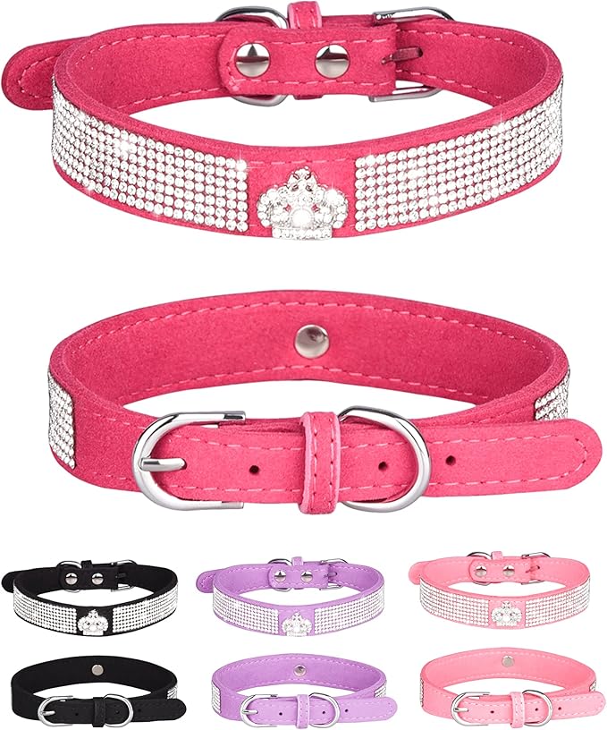 Dog Collar for Small Dogs, Adjustable Leather Suede Bling Dog Collars，Pink Dog Collar Cat Collar, Rhinestone Dog Collar (L, Rose red3)