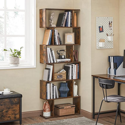 VASAGLE 6-Tier Bookshelf, Tall Display Shelf, Freestanding Storage Shelf, Rustic Brown ULBC61BX Tree-Shaped Bookcase with 13 Storage Shelves, 9.8”D x 33.9”W x 55.1”H, Rustic Brown ULBC67BXV1