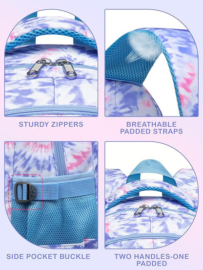 BLUEFAIRY Kids Backpack with Lunch Box for Girls Boys Elementary Primary Middle School Bag with Lunch Bag Set 17 Inch Bookbag Mochilas Escolares para Niñas Niños (Tie-dye, Light Violet)