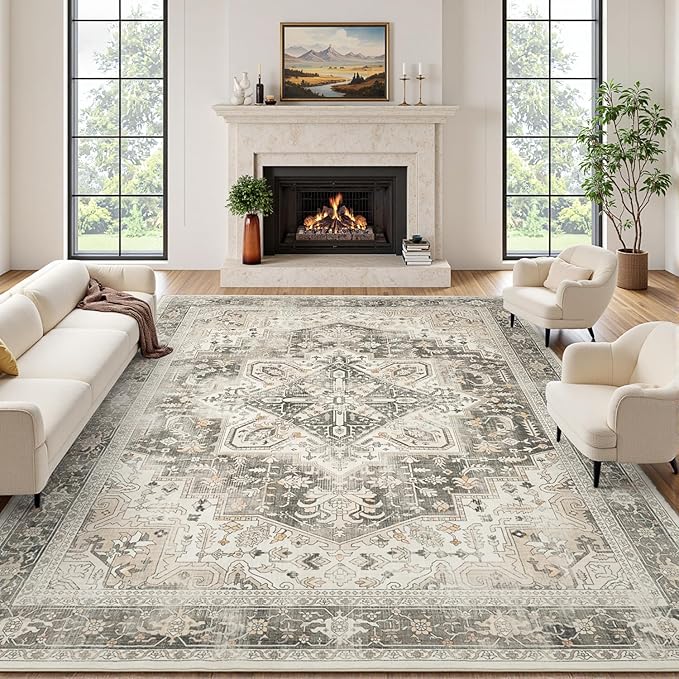 Rugflix 6x9 Area Rugs for Living Room, Machine Washable Rug Non Slip Stain Resistance, Large Rug Vintage Distressed Soft Carpet for Bedroom, Dining Room, Home Office, Beige Grey