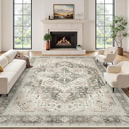 Rugflix 6x9 Area Rugs for Living Room, Machine Washable Rug Non Slip Stain Resistance, Large Rug Vintage Distressed Soft Carpet for Bedroom, Dining Room, Home Office, Beige Grey