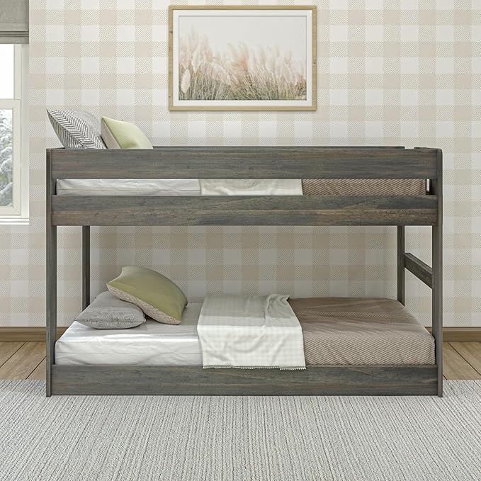 Max & Lily Modern Farmhouse Low Bunk Bed, Twin-Over-Twin Bed Frame For Kids, Driftwood