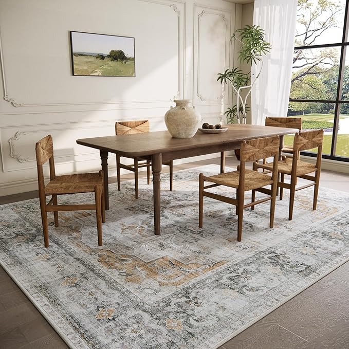 8x10 Area Rugs Washable Rug: Large Living Room Rug Stain Resistant Distressed Vintage Non Slip Low Pile Faux Wool Soft Boho Area Rug for Bedroom Bedside Indoor Kids Playroom Farmhouse Dining Room