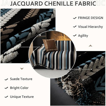 STACYPIK Boho Chenille Sofa Cover, Soft Jacquard Leaves Couch Cover, Non-Slip Loveseat Cover for Sectional Sofa, Washable Pet Protector for 3 Cushion Couch,Multi-use Vintage Throw Slipcover-71x150IN