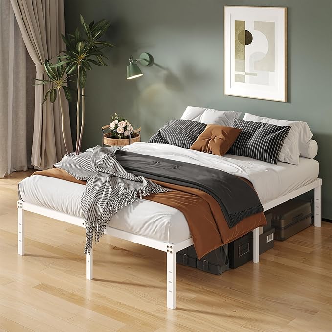 16 Inch White California King Bed Frames No Box Spring Need, Platform Cal King Bed Frame with High Storage, Eassy Assembly 3,500 lbs Heavy Duty Bedframes
