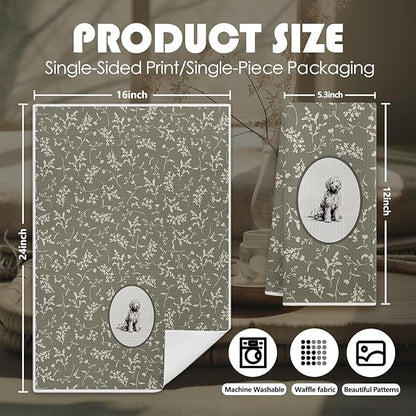 Sage Green Vintage Floral Goldendoodle Kitchen Dish Towels, Golden Doodle Gifts Women, Cottagecore Dog Decorative Hand Tea Towels for Bathroom Kitchen, 16x24 Inches