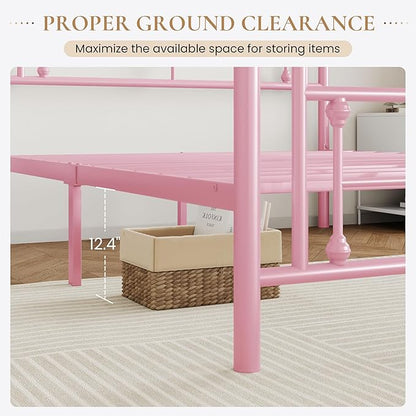 SHA CERLIN 14 Inches Full Size Metal Platform Bed Frame/Vintage Iron-Art Headboard and Footboard/Mattress Foundation for Storage/No Box Spring Needed/Noise-Free/Easy Assembly/Pink