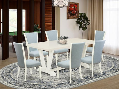 East West Furniture V027VE215-7 7 Piece Dining Table Set Consist of a Rectangle Dining Room Table with V-Legs and 6 Baby Blue Linen Fabric Upholstered Chairs, 40x72 Inch, Multi-Color