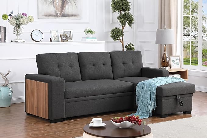 Devion Furniture Maison 4-in-1 Convertible L Shaped Couch with Pull Out Bed and Storage, Sectional Sleeper Sofa with Reversible Chaise for Living Room, Apartment, Bedroom, Office