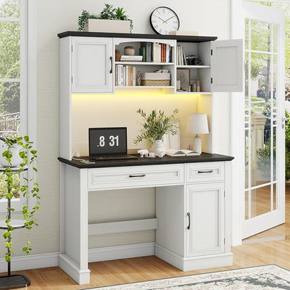Farmhouse 47" Executive Desk with Hutch, 2 Drawers and LED Light, Computer Desk with Storage Cabinet and Charging Station,Workstation for Home Office and Study.