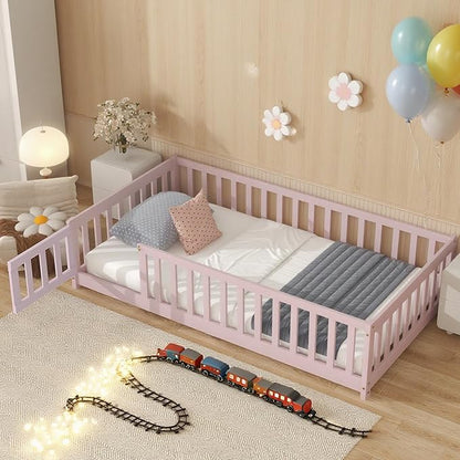 Twin Floor Bed Frame with Slats and Safety Guardrail, Wood Twin Size Montessori Floor Bed with Door and Fence, Easy Assemble Montessori Beds for Kids, Girls, Boys, Pink