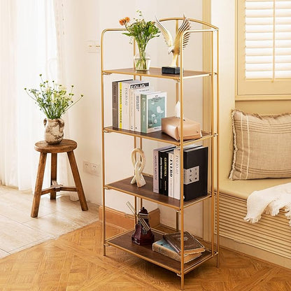 Crofy No Assembly Folding Bookshelf for Living Room, 4 Tier Gold Collapsible Book Shelf for Home Office, Portable Bookcase Storage Organizer