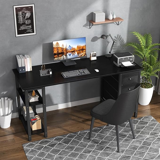 Lufeiya Gaming Desk with 4 Fabric Drawers & Storage Shelves, 63 inch Computer Writing Work Study Desk for Home Office Bedroom, Modern Simple Student PC Desks Table, Black
