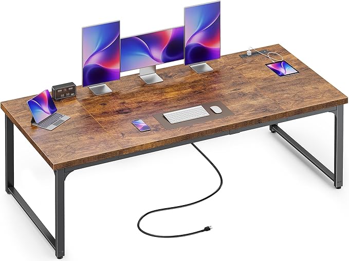 Huuger 71 x 31.5 Inch Desk with Power Outlets & USB-C, 1.2 Inch Thicker Desktop, Robust Metal Tubes, Deep Computer Desk, Heavy Duty Office Desk, Work Desk for Home Office, Rustic Brown