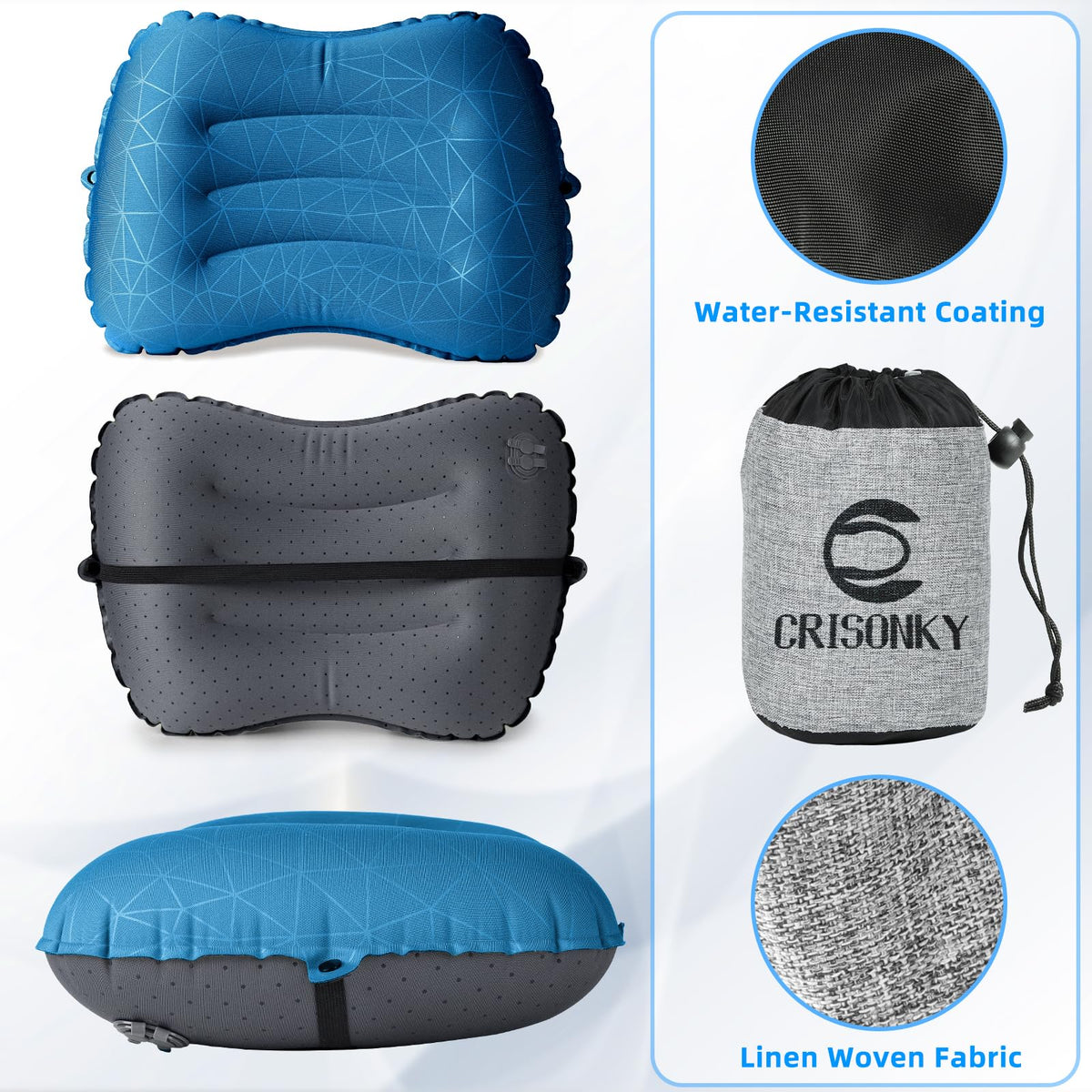 Crisonky Camping Pillow - Inflatable Pillow - Travel Pillows for Backpacking & Airplane, Lumbar Support 2.0 Blow Up Pillow, Ultralight Compressible, Comfortable, Ergonomic Pillows