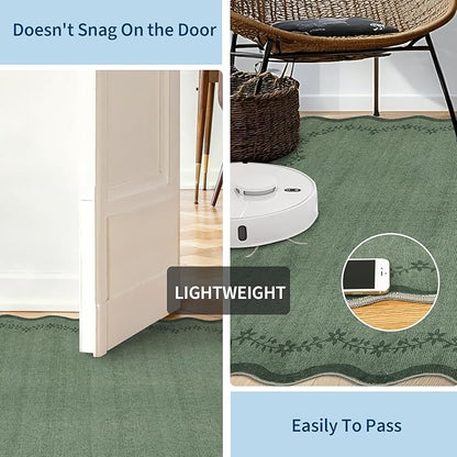 GarveeHome Scalloped Entryway Rug, 2x3 Solid Green Washable Front Door Rug Indoor Entrance Floral Carpet Non-Slip Low Pile Throw Rugs for Kitchen Floor, Powder Room, Entry, Bathroom, Kids Room