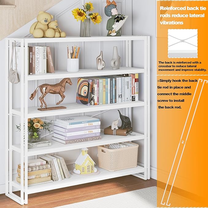 HCHQHS Bookshelf, 5-Tier Industrial Bookcase, White Open Book Shelf, Freestanding Tall Bookshelves with Metal Frame