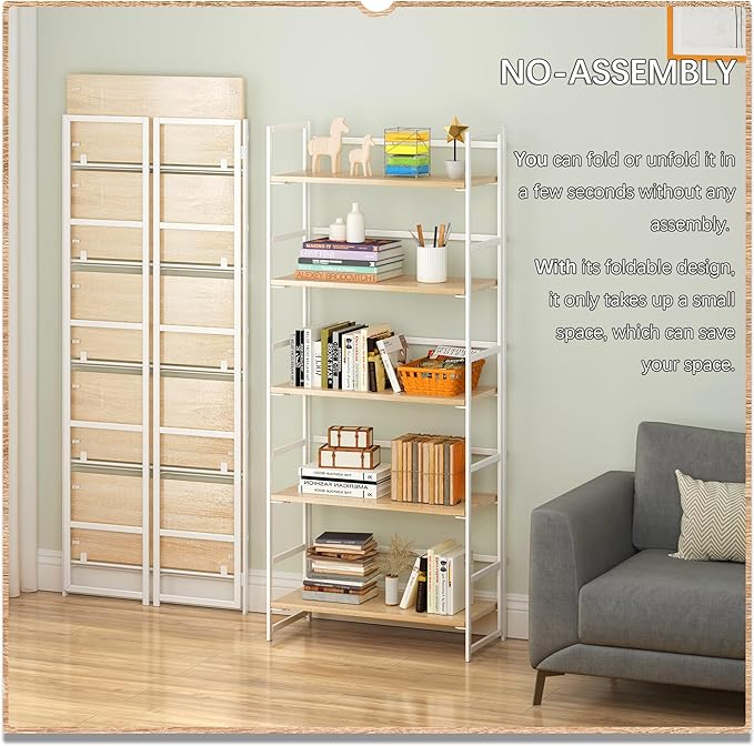 4NM No Assembly 5 Tiers Book Shelves, White Folding Bookshelf Bookcase Open Industrial Foldable Shelves for Bedroom, Living Room, Home Office - Natural White
