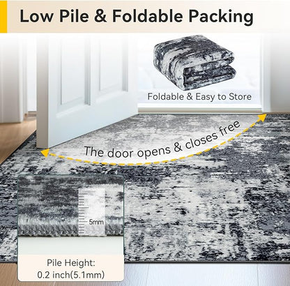 Washable Area Rugs 3'x5' Non-Slip Modern Abstract Soft for Living Room Entryway Bedroom Nursery, Print Pattern, Black Navy Blue Gray