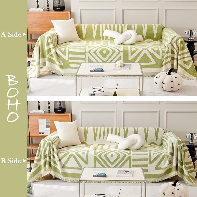 HANDONTIME Green Sofa Covers Chenille Couch Covers Universal Sofa Cover Boho Cover for Sofa 3 Seats Dogs Couch Furniture Protector Couch Cushion Covers Sectional Couch Covers for L Shaped, 91" X134"