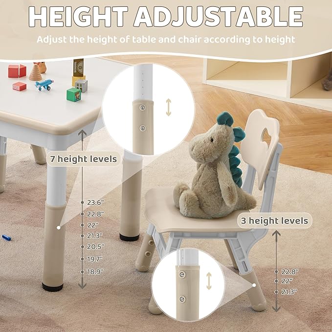 Adjustable Kids Table & Chairs Set for Ages 3-8 | 31.5"x23.6" Easy-Clean Activity Table | Meets ASTM/CPSC Standards for Daycare, Homeschool & Playroom (Natural, 4 Chairs)