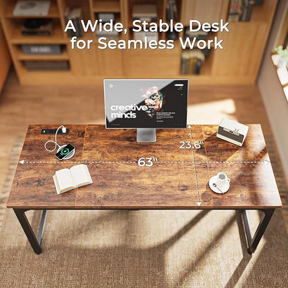 Huuger 63 x 24 inch Desk with Power Outlets & USB-C, Deeper & Thicker Desktop, Robust Metal Tubes, Computer Desk, Heavy Duty Office Desk, Work Gaming Desk, for Home Office, Rustic Brown