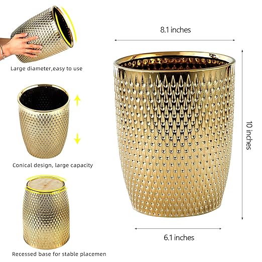 Modern Golden Small Trash Can Wastebasket, Garbage Container Bin for Bathrooms, Powder Rooms, Kitchens, Home Offices - Durable Ceramics - Round