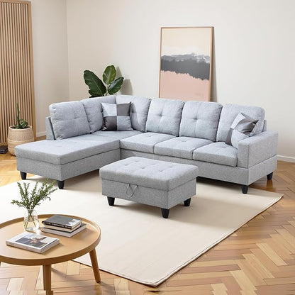 L Shaped Couch Modern Sectional Couch Upholstered Linen Fabric 3 Pieces Sofas for Living Room with Chaise, Storage Ottoman for Office and Small Apartment, Grey