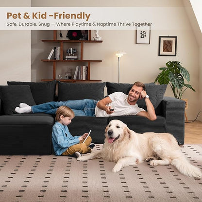108" L-Shaped Boneless Couch, Modular Sectional Sofa with Moveable Ottoman, Corduroy Cloud Couches for Living Room, No Assembly, Ship in a Box, Black