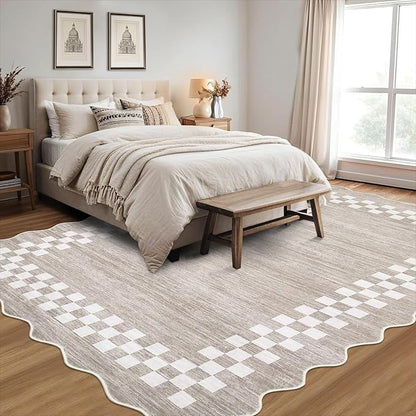GarveeHome Washable Rug 5x7 for Living Room Large Bedroom Scalloped Rug Non Slip Stain Resistant Modern Border Throw Carpet Soft Boho Rug for Dining Room Nursery Home Office, Fog