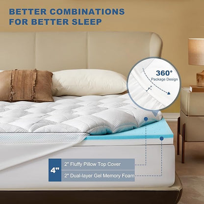 Bedlore 4-Inch Full Mattress Topper for Back Pain - Dual Layer Medium Support (2" Gel Memory Foam + 2" Cooling Fluffy Pillow Top Pad), Breathable & Pressure Relief (White)