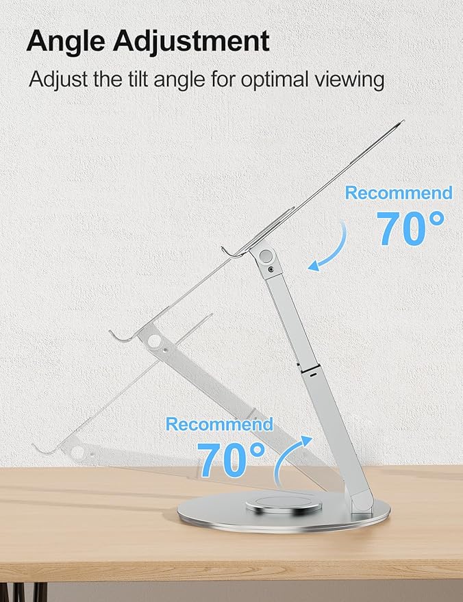 tounee Telescopic Laptop Stand for Desk with 360° Swivel Base, Sit to Stand, Height Adjustable, Portable Riser Holder for Good Posture, Compatible with All Laptops 10-17"-Silver