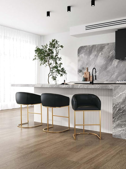 Manhattan Comfort Louvre 26 Inch Mid Century Modern Counter Height Bar Stools - Elegant Faux Leather Padded Seat, Stainless Steel Base with Footrest, Fully Assembled Barstools, Set of 3, Black & Gold