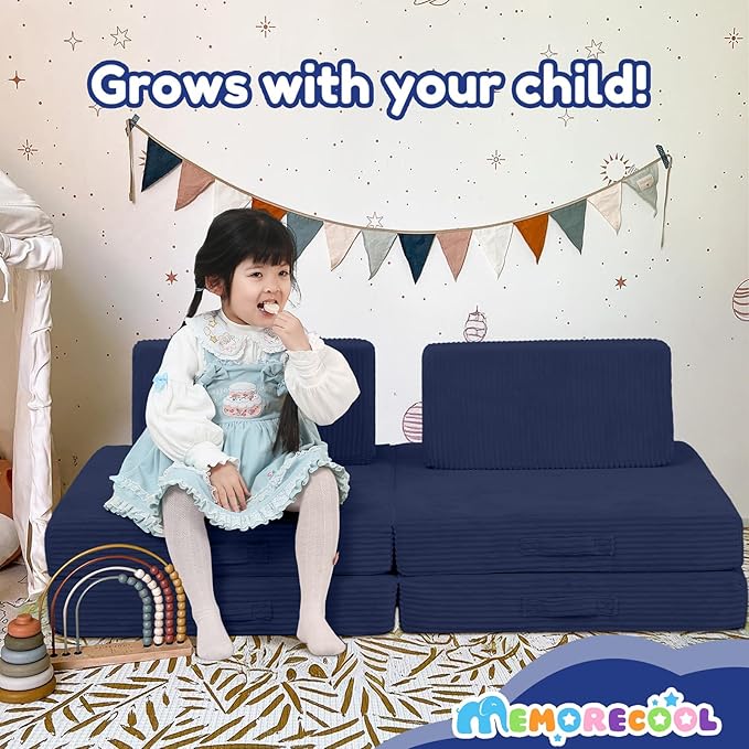 MeMoreCool Kids Couch for Playroom, Corduroy Convertible Toddler Couch, 8 Piece Modular Play Sofa, Foam Fort Building Set for Child Room Furniture, Navy