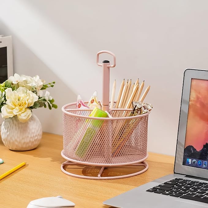 Marbrasse Mesh Desk Organizer, 360-Degree Rotating Multi-Functional Pen Holder, 4 Compartments Desktop Stationary Organizer, Home Office Art Supply Storage Box Caddy (Pink)
