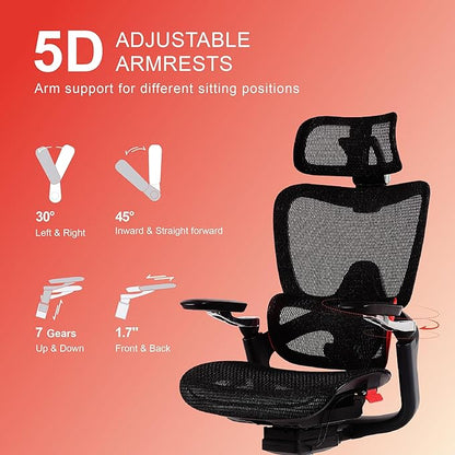 Ergonomic Office Chair, Big and Tall Mesh Computer Gaming Chair with Adaptive Lumbar Support, Work Chair with Headrest, 5D Armrest,90-130°Tilt, BIFMA Certified, Model Zen (Red)