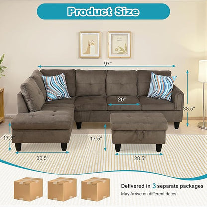 L Shaped Couch Modern Sectional Couch Upholstered Velvet Fabric 3 Pieces Sofas for Living Room with Chaise, Storage Ottoman for Office and Small Apartment, Brown Pineapple