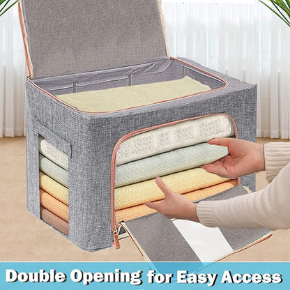 100L Large Storage Bags,Stackable Clothes Storage Bins with Hold Shape Metal Frame,Foldable Closet Organizer Containers with Zipper,Clear Window,Thick Fabric for Seasonal Clothing (Navy 4 Pack)