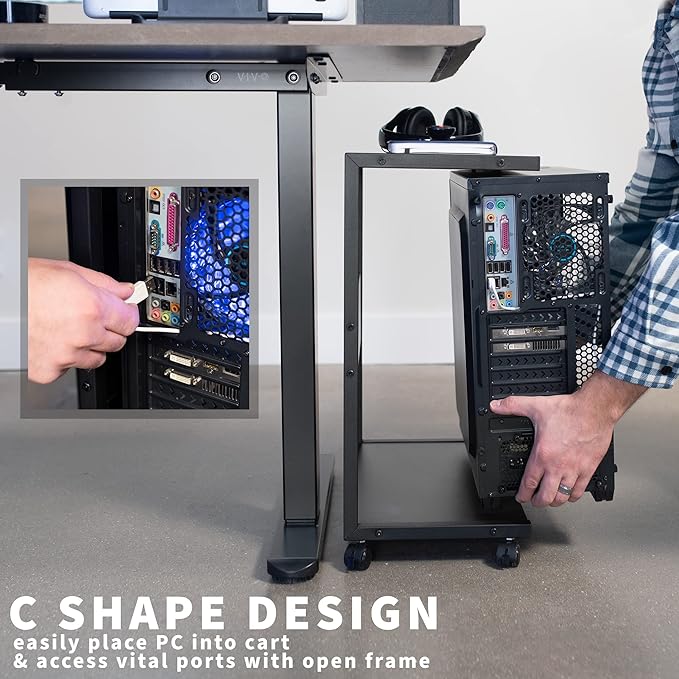 VIVO Mobile PC Cart with Storage, 2-Tier Shelf CPU Holder, Fits Oversized Gaming PC’s, Printers, Gaming Systems, and More, Computer Tower Floor Stand with Wheels, Black, CART-PC03