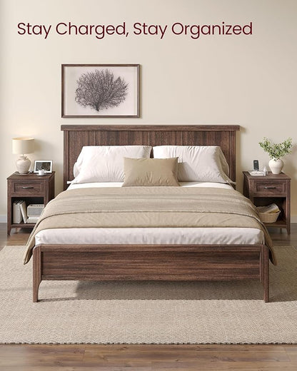 VASAGLE LIRY Collection - Farmhouse Nightstand with Charging Station, Bedside Table, Side Table with Drawer, Open Compartment, for Bedroom, Maroon Brown ULET659K51