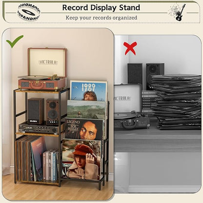 Record Player Stand, Turntable Stand with 4-Tier Vinyl Record Storage, Record Player Table Storage up to 200+ Albums, Record Player Cabinet with Vinyl Display Holder Shelf, vinyl Table for Living Room