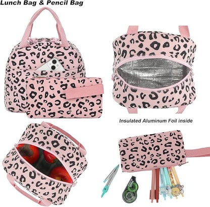 Corduroy Girls Backpack Set, 3PCS School Backpacks for Kids Elementary Middle School Bags with Lunch Box Pencil Case (Pink Corduroy Leopard)
